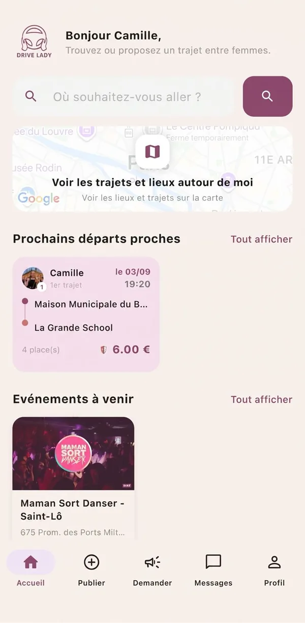 Écran d'accueil de l'application Drive Lady : recherche, prochains départs proches et événements à venir