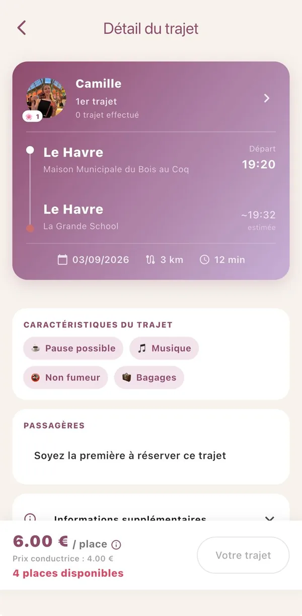 Écran Détail du trajet : conductrice, départ, arrivée, horaire et options de confort