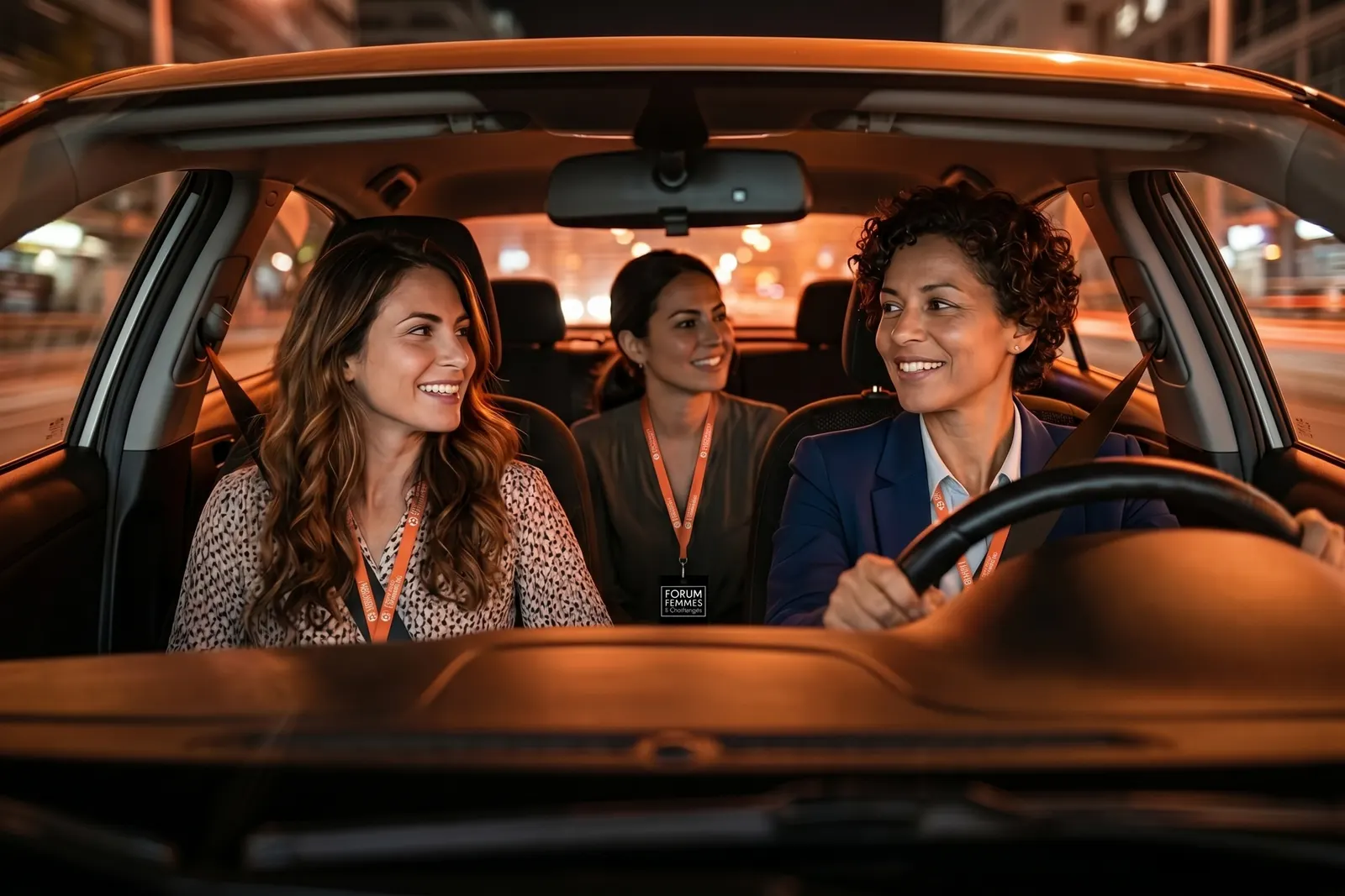 Trois participantes du Forum Femmes & Challenges, badge autour du cou, partagent un trajet en voiture
