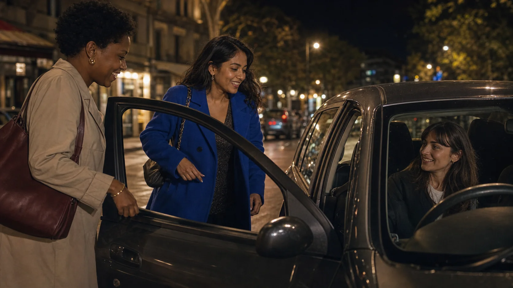 Femmes qui rient en covoiturage après une sortie
