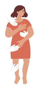 Illustration d'une femme aux bras repliés contre elle, entourée de mains qui se tendent vers elle
