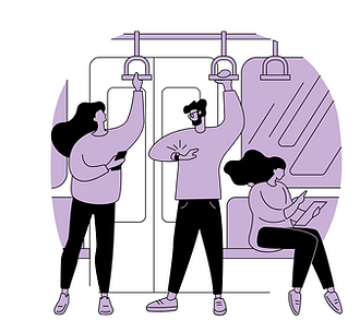 Illustration de trois passagers dans une rame de métro, deux debout accrochés aux poignées et une femme assise consultant son téléphone